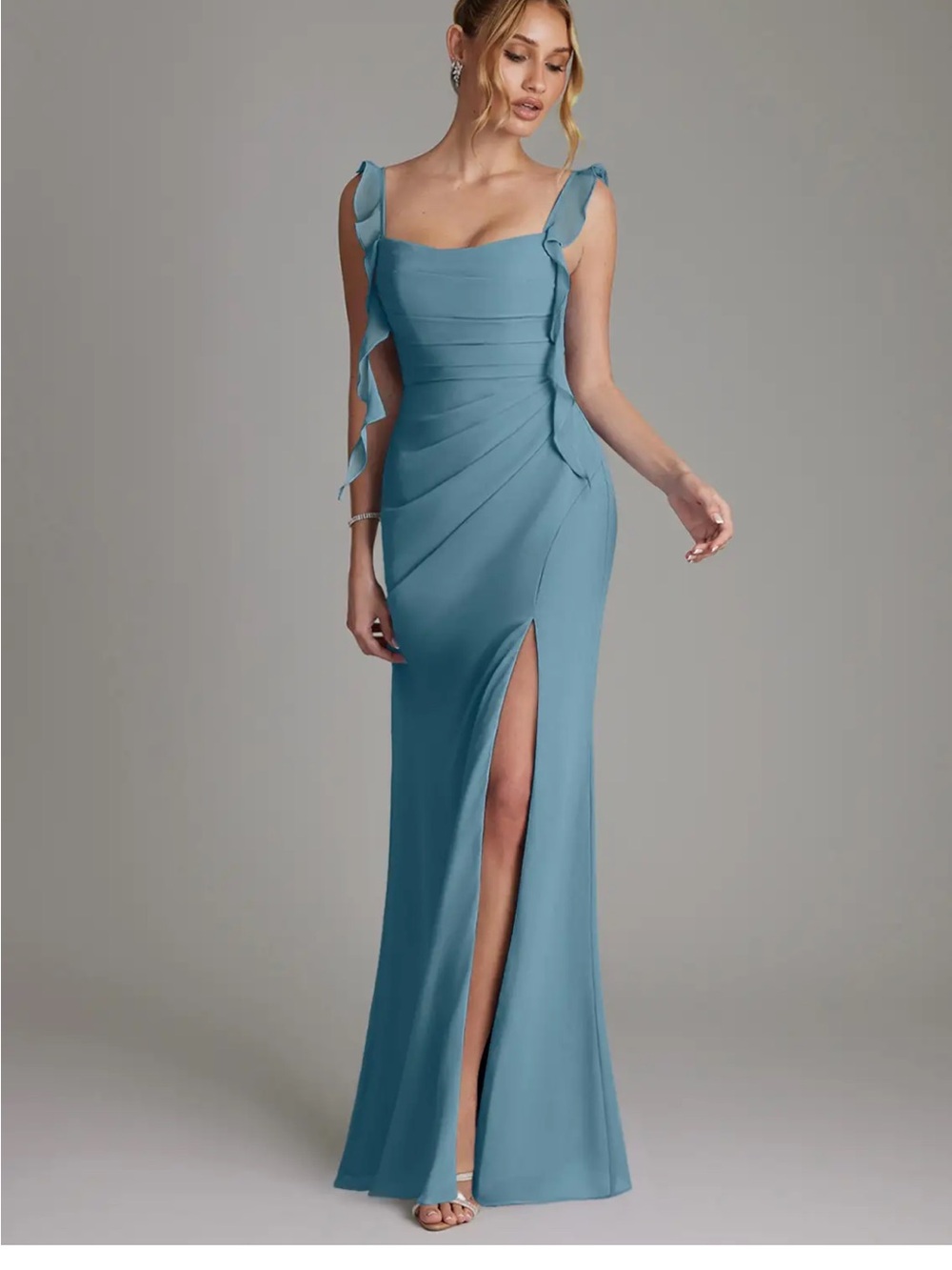 Azazie Slate Blue Ruffle-Strap Maxi Gown